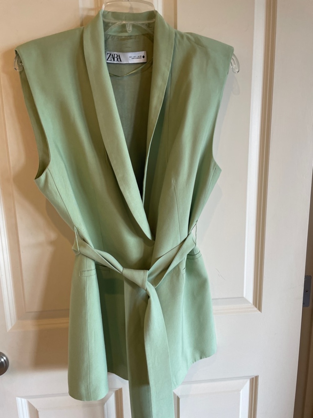 Zara Light Mint Green Sleeveless Tie-Waist Blazer Vest